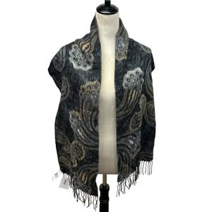 Fraas Cashmink Paisley Fringe Scarf Wrap Shawl Black Gray NWT Soft Winter